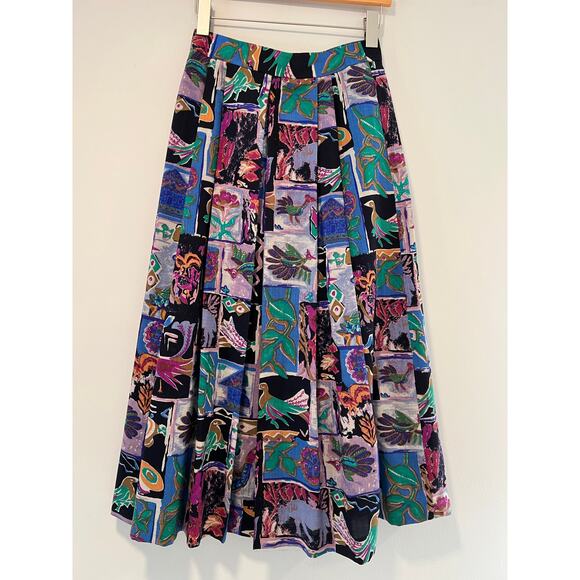 Geiger Rare Collections Pleated Midi Skirt Unique Colorful Bird Print Medium JL - Picture 5 of 7